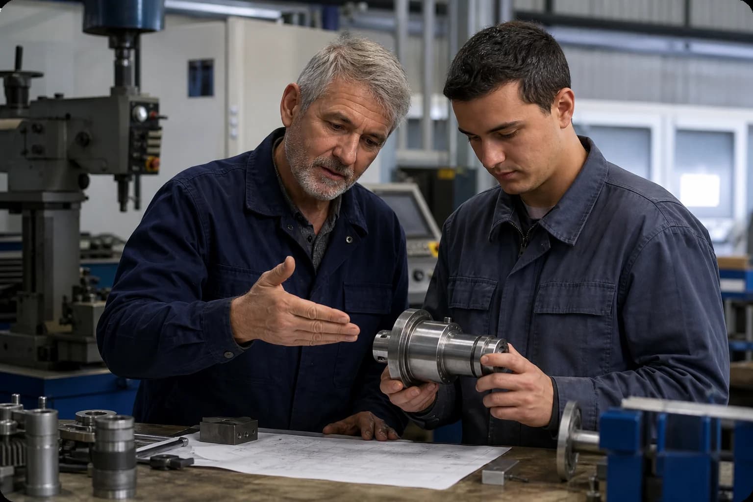 Especialistas analisando juntos um componente industrial
